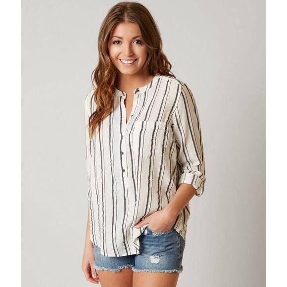 Lucky Brand Buttons Henley Top Shirt Black Striped Roll Tab Sleeve Womens NEW - Picture 1 of 9